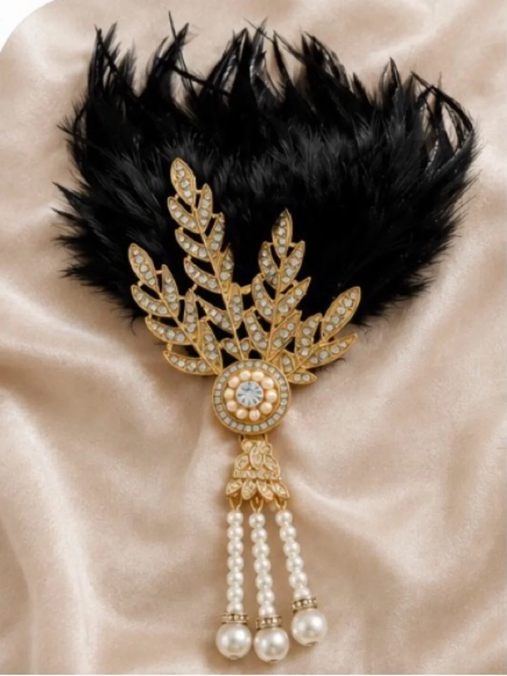 Handmade Flapper Feather Rhinestone Pearl Art Deco Brooch. Was flapper Headband.